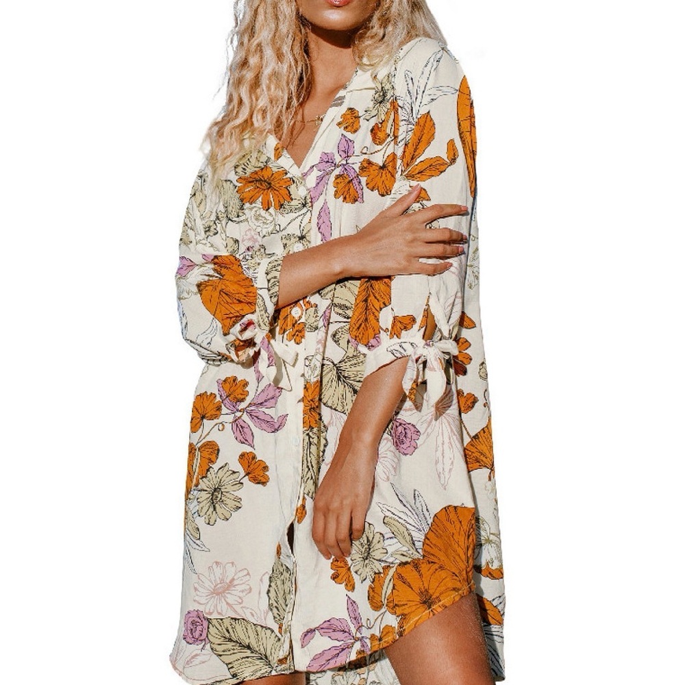 CUPSHE Women Floral Shift Dress Cover Up Beach Dress 3/4 Sleeve Button Down Midi